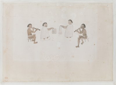 タヒチのミュージシャン。 4 人のタヒチ人、そのうち 2 人は雌馬に身を包み、鼻笛を吹いています。 ティピュタを着てドラムを叩く二人、Joseph Banks