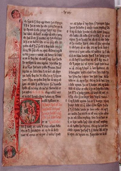 1350年頃の『Skarosbok』（『スカードの書』）より、盗賊の項の最初にある歴史的なイニシャル「P」（ベラム製 作： Icelandic School