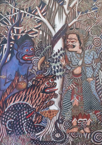 僧侶が猿、蛇、虎を井戸から解放する 作： Ida Bagus Gelgel