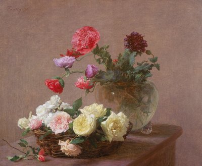 クリスタルの花瓶のポピー、またはバラのバスケット、1890 作： Ignace Henri Jean Fantin Latour