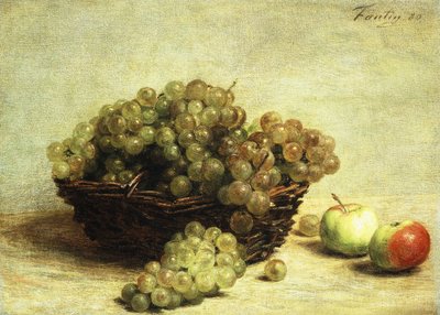 バスケットの静物、レーズンとリンゴ。ネイチャーモルト、レーズンエポムダピ、1880 作： Ignace Henri Jean Fantin Latour