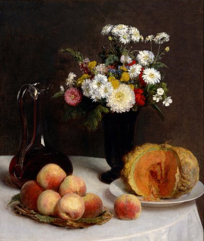デカンターのある静物、花と果物、1865 作： Ignace Henri Jean Fantin Latour