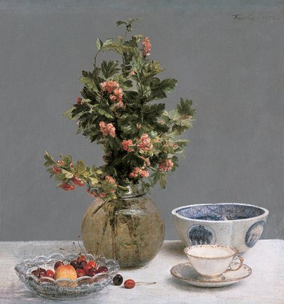 ホーソンの花瓶、さくらんぼのボウル、日本のボウル、カップ＆ソーサーのある静物 作： Ignace Henri Jean Fantin Latour