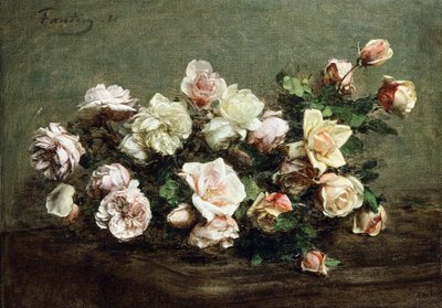 テーブルの上の白いバラの花瓶。テーブルの上の白いバラとバラの花瓶、 作： Ignace Henri Jean Fantin Latour