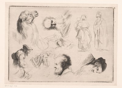 さまざまな男性の頭とラクダと 2 つの立っている人物のコンポジション 作： Ignace Joseph de Claussin (attributed to)