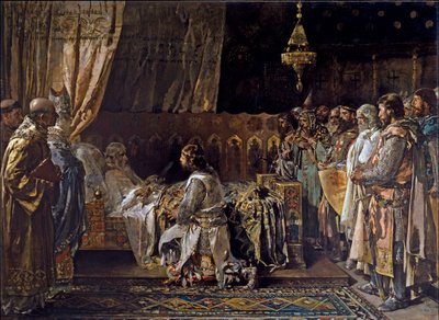 征服王ジェームズ1世（1208-1276）が息子のピーター3世（1240-1285）に剣を渡す - King James I the Conqueror Gives His Sword to His Son, Pedro - by Pinazo Camarlench, Ignacio (1849-1916) 作： Ignacio Pinazo Camarlech