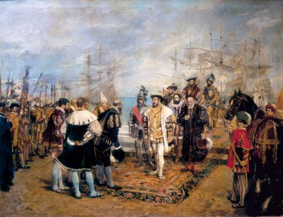 フランソワ 1 世 (1494-1547) がバレンシア (スペイン) の港に上陸。 市の知事であるルイス・ビジャラサ・デ・カバニレス (?) がフランス国王を歓迎します。 Ignacio Pinazo Camarlench (1849-1916) の絵画、キャンバスに油彩 作： Ignacio Pinazo Camarlech