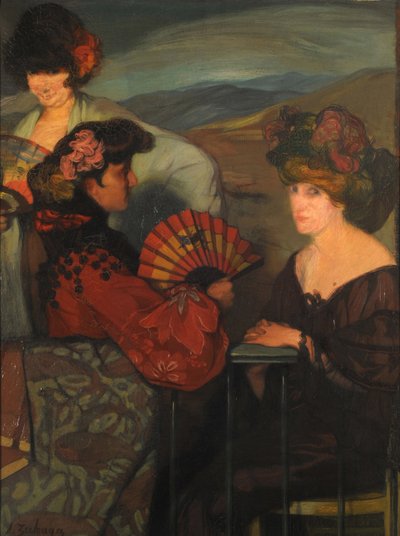 1900年代、バルコニーに立つスペイン人女性とイギリス人女性。 作： Ignacio Zuloaga y Zabaleto