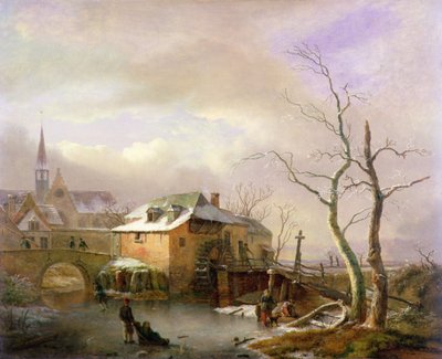 村の凍った水車池に農民がいる冬の風景（キャンバスに油彩） 作： Ignatius Josephus van Regemorter