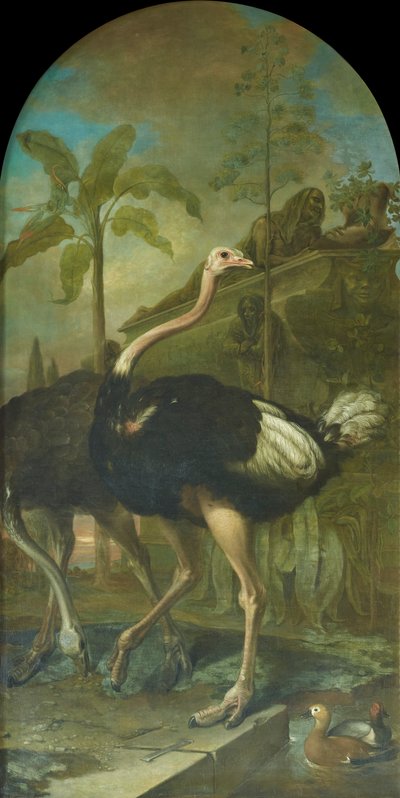 ダチョウのペア、背景には石棺 作： Ignaz Heinitz von Heinzenthal