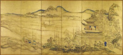塔のある風景、1750年頃、紙に金、インク、彩色 作： Ike no Taiga