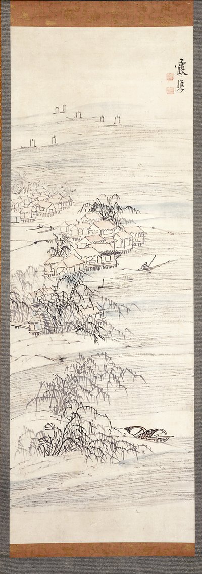 River Village And Fishing Pleasure (紙に色とインク) 作： Ike no Taiga