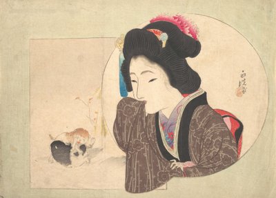 版画 [女性と子犬]、19 世紀初頭から中期。 作： Ikeda Eisen