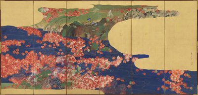 メープルリーフ、6パネルスクリーン、江戸時代、1856-58年（金色の紙のインクと色） 作： Ikeda Koson