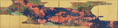 メープルリーフ、6パネルスクリーン、江戸時代、1856-58年（金色の紙のインクと色） 作： Ikeda Koson