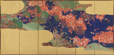 カエデの葉が小川の6つのパネルに映る、江戸時代、1856年〜58年 作： Ikeda Koson