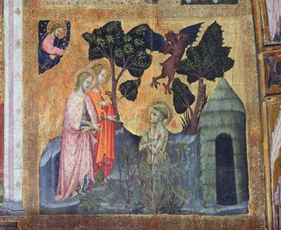 セントフランシスは、1393年、ポルツィンコーラのフレスコ画であるとげのあるブランブルに身を投げます 作： Ilario da Viterbo