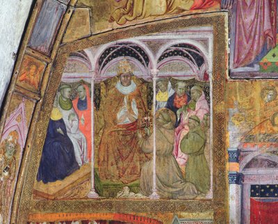 1393年、ポルツィンコラのフレスコ画、耽溺の確認を教皇ホノリウス3世に懇願する聖フランシス 作： Ilario da Viterbo