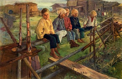 「フェンス上のスズメの子供たち」、1883年、1965年。 作： Illarion Pryanishnikov