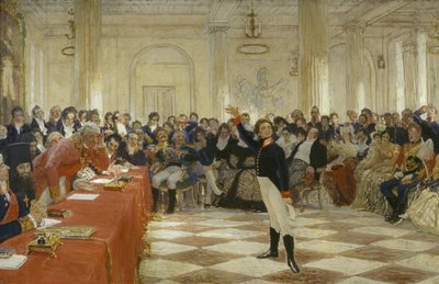 ""1月8日にツァールスコエ・セローのリセウムでの試験でのアレクサンダー・プーシキン 作： Ilya Efimovich Repin