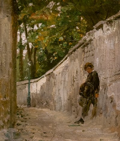 庭の壁にもたれる少年、モンマルトル 作： Ilya Efimovich Repin