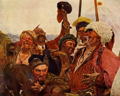 「トルコのスルタンに手紙を書いているザポロジェツの詳細」、1880～1890年、1965年。 作： Ilya Efimovich Repin
