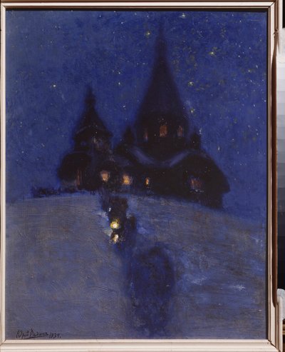 クリスマスの夜、クオッカラ (ロシアのレピノ) にある教会。 Yuri Ilyich Repin (Youri Repin) (1877-1954) による絵画、木に油彩、1910 年頃。ロシア美術、20 世紀。 I. レーピン記念博物館ペナテス、サンクトペテルブルク。 作： Ilya Efimovich Repin