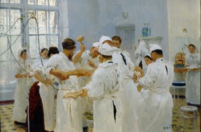手術室の外科医イヴァン・パブロフ (1849-1936) (手術室の外科医パブロフ)。 医療チーム、助手、看護師に囲まれて、外科医は病気の患者を手術します。 Ilya Yefimovich Repin (Ilia Repin) の絵画 (1 作： Ilya Efimovich Repin