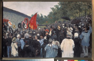 パリのペール・ラシェーズ墓地での年次集会。 （1871年にコミューンの戦闘員が撃たれた連邦の壁の前で、それ以来、自由と革命の理想のための闘争の象徴となっています）。 描きました 作： Ilya Efimovich Repin