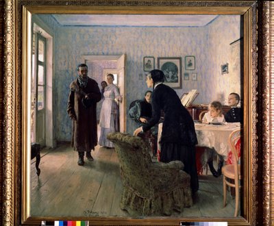 """The Unexpected Return"" (Unexpected Return) 1880 年代の虚無主義運動の時代における政治亡命者の予想外の帰還. Ilya Yefimovich Repin (Ilia Repin) による絵画 (1844-1930) 1884-1888 Sun. 160 .5 x 167.5 cm 国立トレチャコフ美術館 作： Ilya Efimovich Repin