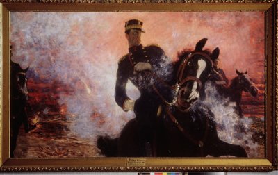 1914年のダムの爆発中のベルギーのアルベール1世王（1875-1934）。イリヤ・エフィモビッチ・レーピン（イリア・レーピン）（1844-1930）による絵画、キャンバスに油彩 作： Ilya Efimovich Repin