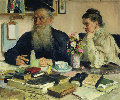 ヤスナヤポリャーナでの妻とのレオトルストイ、1907年 作： Ilya Efimovich Repin