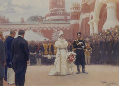 1896年5月18日、モスクワのペトロフスキー宮殿の庭で長老を迎えるニコラス2世、1897年 作： Ilya Efimovich Repin