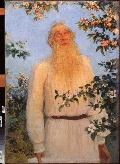 作家レフ・ニコラエヴィッチ（レオまたはレオン・トルストイ）（トルストイ）（1828-1910）の肖像画。 Ilya Repin (Ilia Repin) (1844-1930) の絵画、キャンバスに油彩 作： Ilya Efimovich Repin