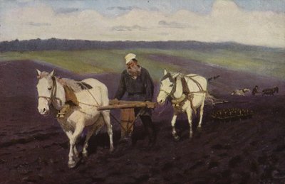 畑で耕すロシアの作家レオ・トルストイ、c1887 作： Ilya Efimovich Repin