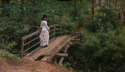 夏の風景。 ABRAMTSEVO の小さな橋の VERA REPINE 作： Ilya Efimovich Repin