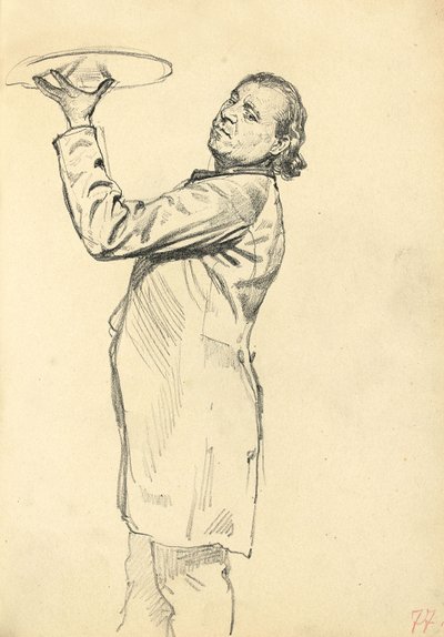 「パリジャンカフェ」のための研究：トレイを持ち上げるウェイターc。 1872-1875 作： Ilya Efimovich Repin