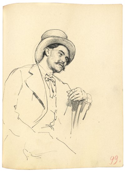 「パリジャンカフェ」のための研究：帽子をかぶった着席男、c。 1872-1875 作： Ilya Efimovich Repin