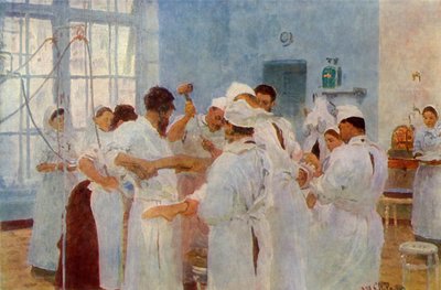 「手術室の外科医エフゲニー・ヴァシリエヴィチ・パブロフ 1845-1916」、1888年、1965年。 作： Ilya Efimovich Repin