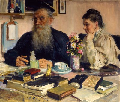 「ヤスナヤ ポリャーナで妻と一緒にいる作家レオ トルストイ」、1907 年。 作： Ilya Efimovich Repin