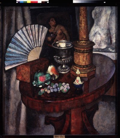扇のある静物（扇のある静物）。 Ilya Ivanovich Mashkov（Ilia Mashkov、Matchkov）（1881-1944）による絵画、キャンバスに油彩 作： Ilya Ivanovich Mashkov