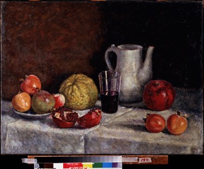 ザクロのある静物。 Ilya Ivanovich Mashkov (Ilia Mashkov, Matchkov) (1881-1944) による絵画、キャンバスに油彩、1930 年後半。 20 世紀のロシア美術、ソビエト美術。 地域 A. デイネカ アート ギャラリー、クルスク (ロシア)。 作： Ilya Ivanovich Mashkov