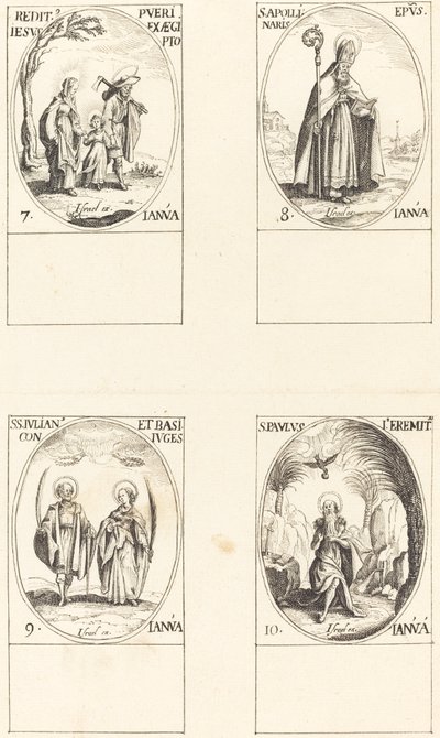 エジプトから帰国。 サン・アポリネール。 セントジュリアンとバシリッサ。 聖パウロ隠者 作： Imitator of Jacques Callot