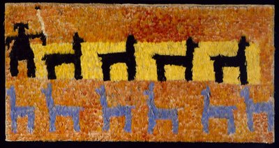 ラマとラマ飼いの羽パネル、AD 1450-1534（綿と羽毛） 作： Incan