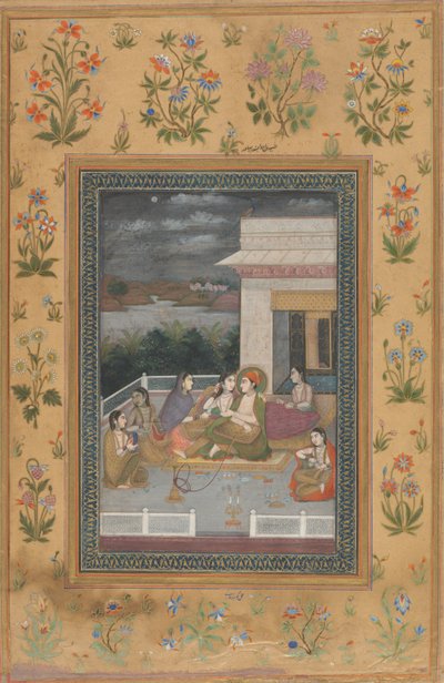 アテンダントとミュージシャンに囲まれたテラスのカップル 作： Indian 18th Century