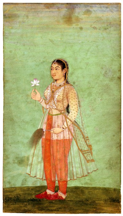 花とフライの泡立て器を持つ女性、c.1630 作： Indian Art