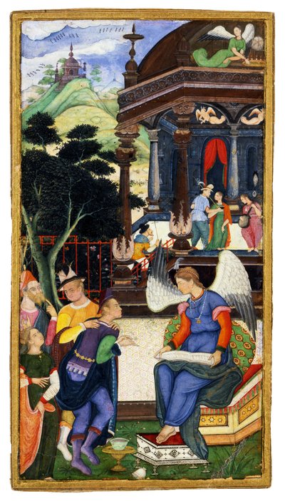 ヨーロッパ人のグループと会話する天使c。 1610 作： Indian Art