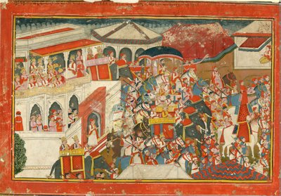クリシュナとバララマは宮殿から出発しました。 1840 作： Indian Art