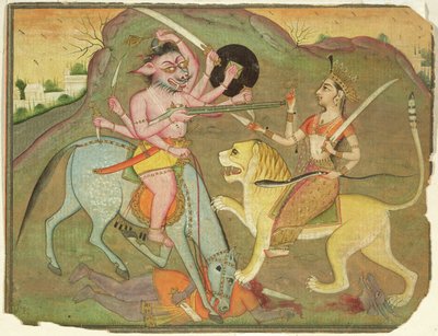 47.110/174 マヒシャスラと闘うドゥルガー（「Devi Mahatmya」フォリオより）、デーヴァナーガリー、裏面にテキスト、ラジャスタン州ビカネール、ラージプト派 作： Indian School
