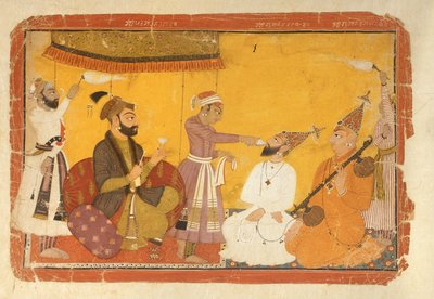 ] 7.110359 Gosain Narayanは、1725年、Pahari学校、Nurpur、Jahangir皇帝の前で毒を飲みます。 作： Indian School
